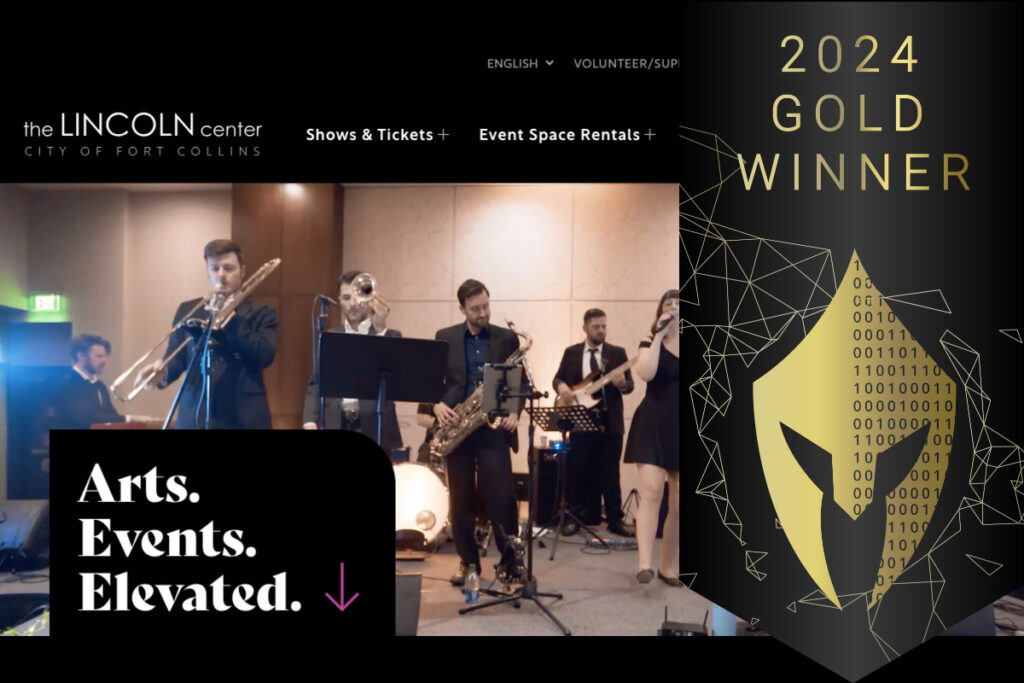 Homepage for the new Lincoln Center website, featuring a live band on stage. Along the right side is the banner noting that the site is a 2024 Vega Award Gold winner. 