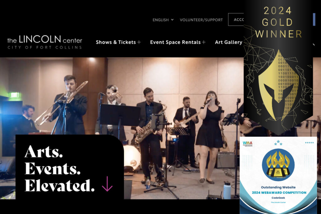 Homepage for the new Lincoln Center website, featuring a live band on stage. Along the right side are two banners noting that the site is a winner of two awards: 2024 Vega Award and 2024 WebAward.