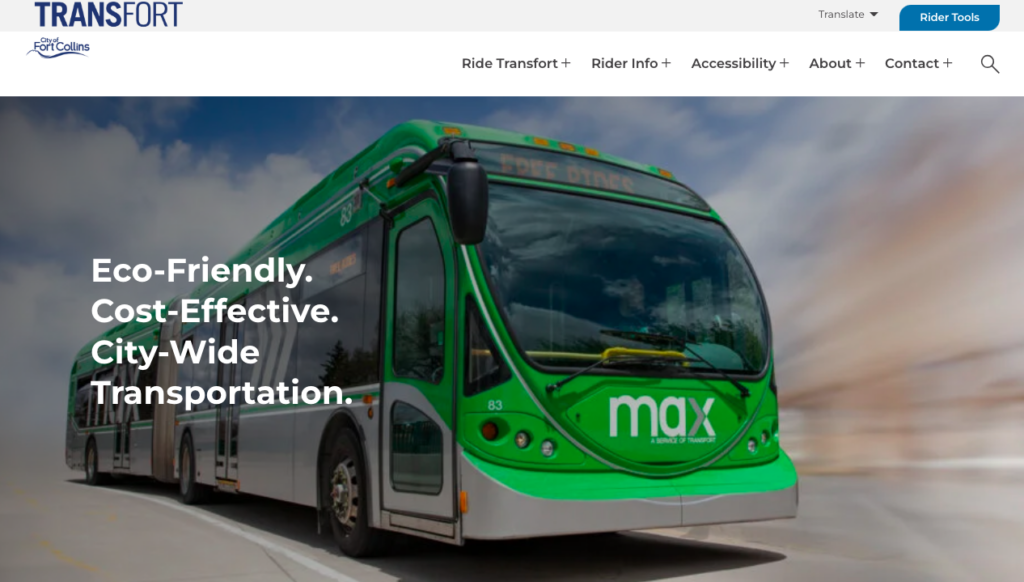 Homepage for Transort's new website, featuring a green MAX bus