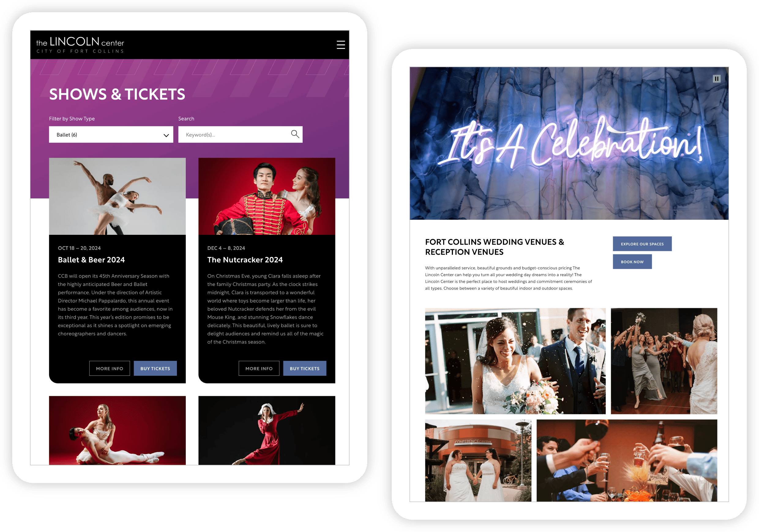 Screenshots of Lincoln Center website functionality showing a list of ballet shows and wedding venue information.