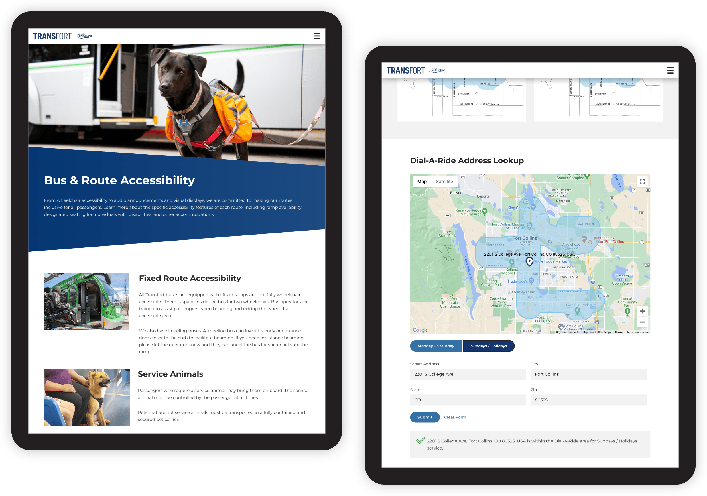 Transfort website screenshots showing bus and route accessibility information and the Dial-A-Ride Address lookup functionality.