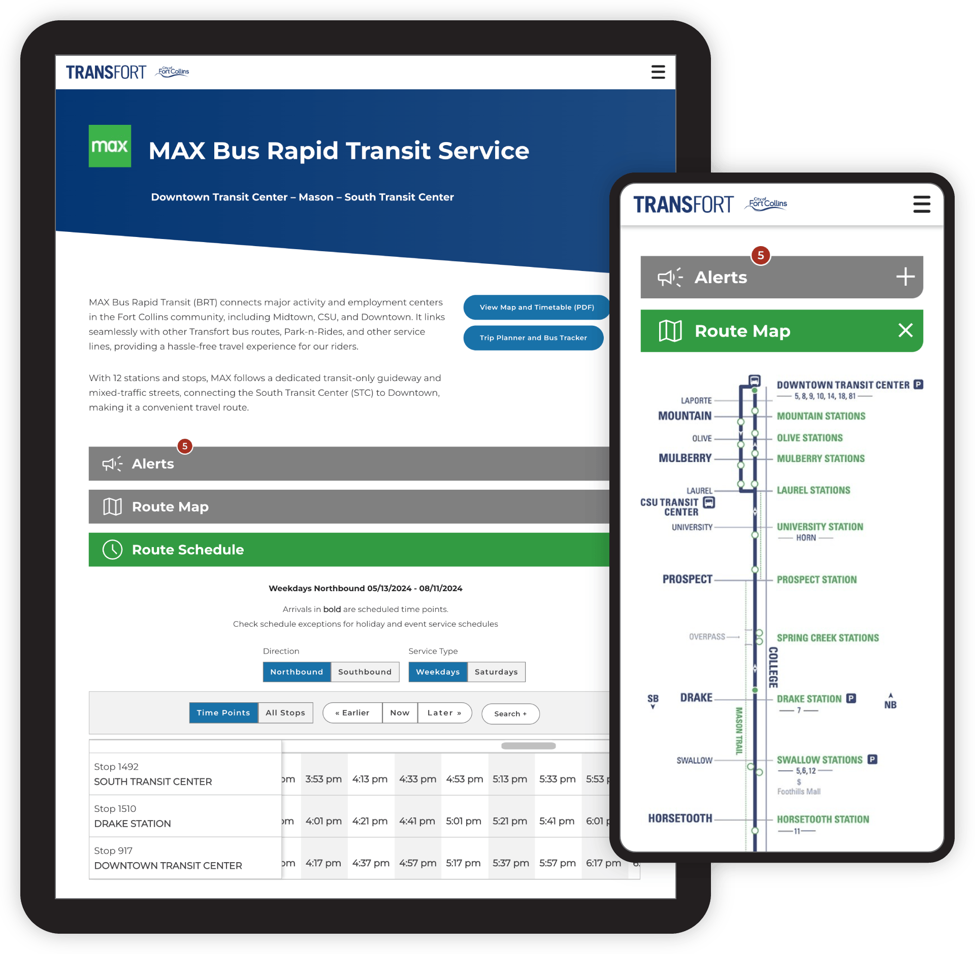 Tablet and phone screenshots of the Transfort website Max bus route schedule and route map.