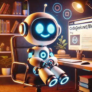 A very colorful digital illustration of a cute, white robot with neon blue eyes happily reading CodeGeek's blog.